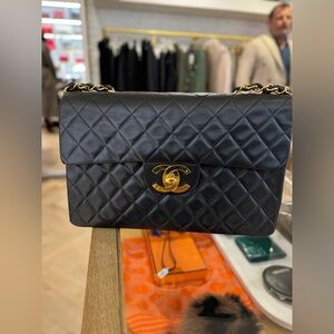Chanel Jumbo Maxi XL Lambskin Black Leather Shoulder Bag with 24k Gold Hardware